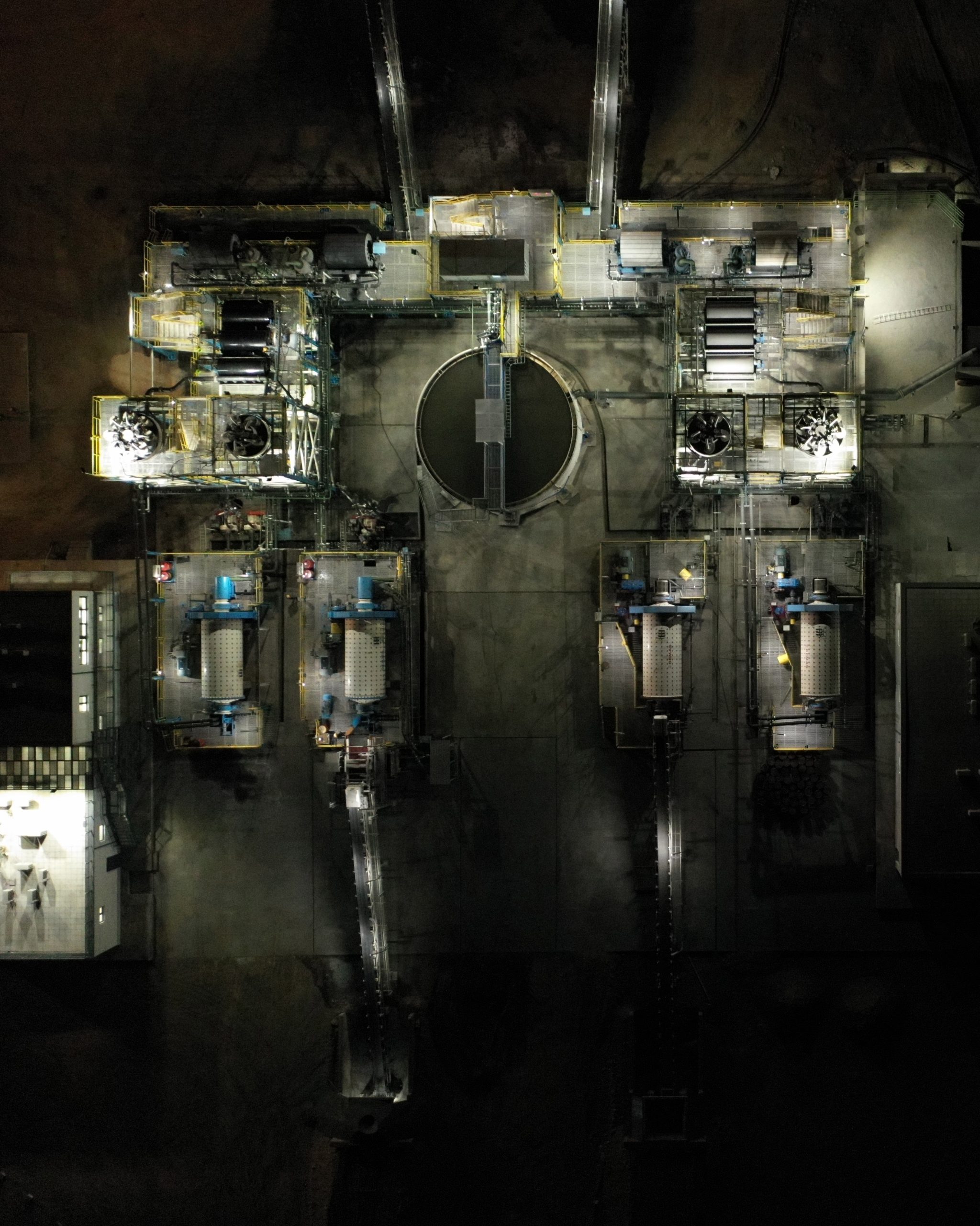 Night aerial view of an illuminated industrial plant